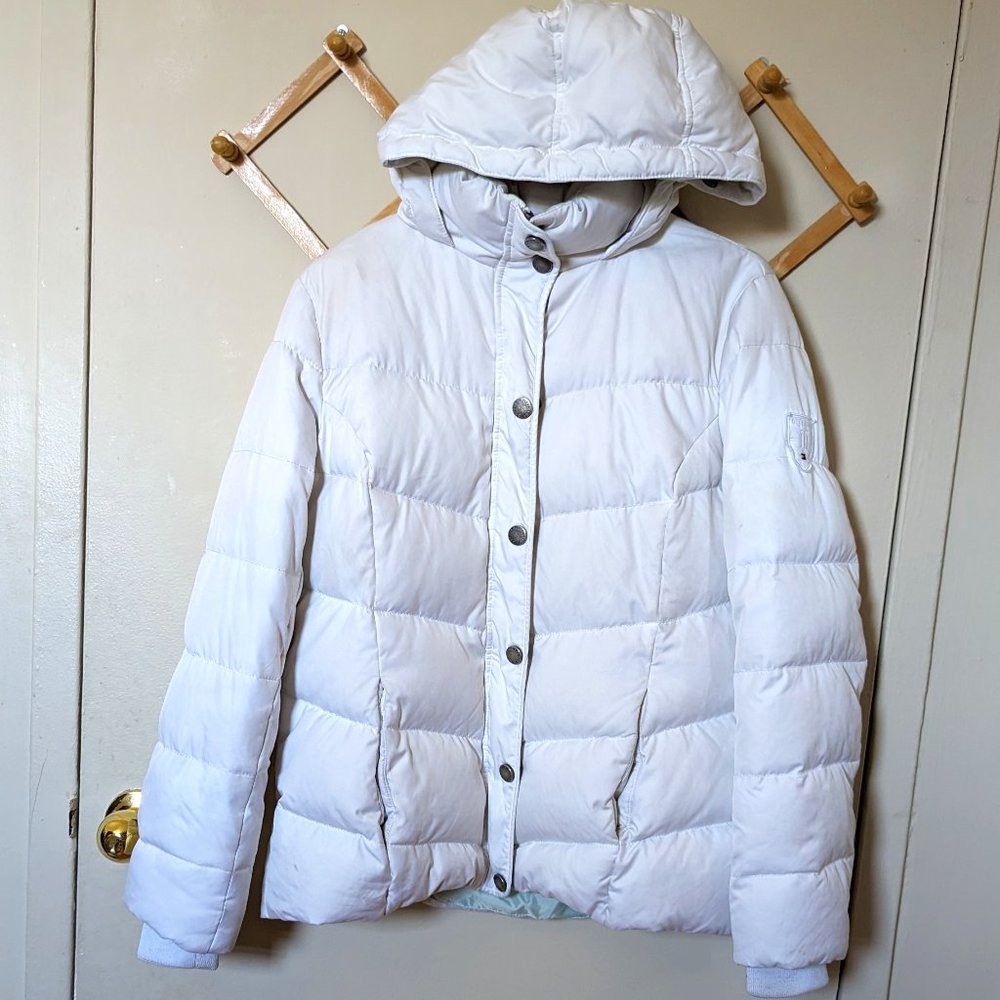 Tommy Hilfiger Women Hooded Down Feather Puffer Coat Jacket White Medium